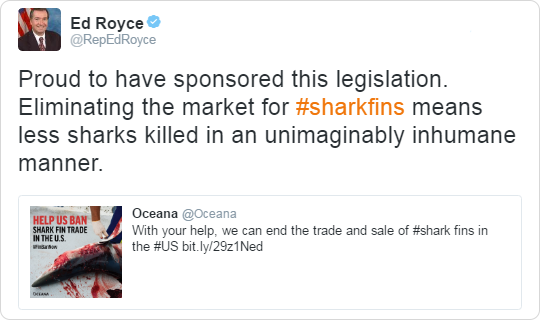 Proud to have sponsored this legislation. Eliminating the market for #sharkfins means less sharks killed in an unimaginably inhumane manner.
