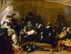 Painting depicting the Pilgrims on the deck of the ship Speedwell