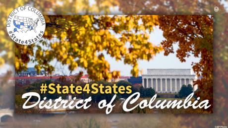 Fall foliage and the Lincoln Memorial, with the words "State4States" and "District of Columbia"