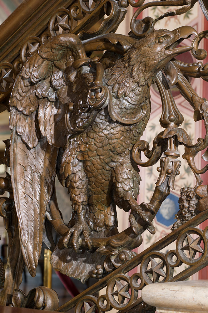 Close-up view of an eagle in a bronze staircase of the Brumidi Corridors.