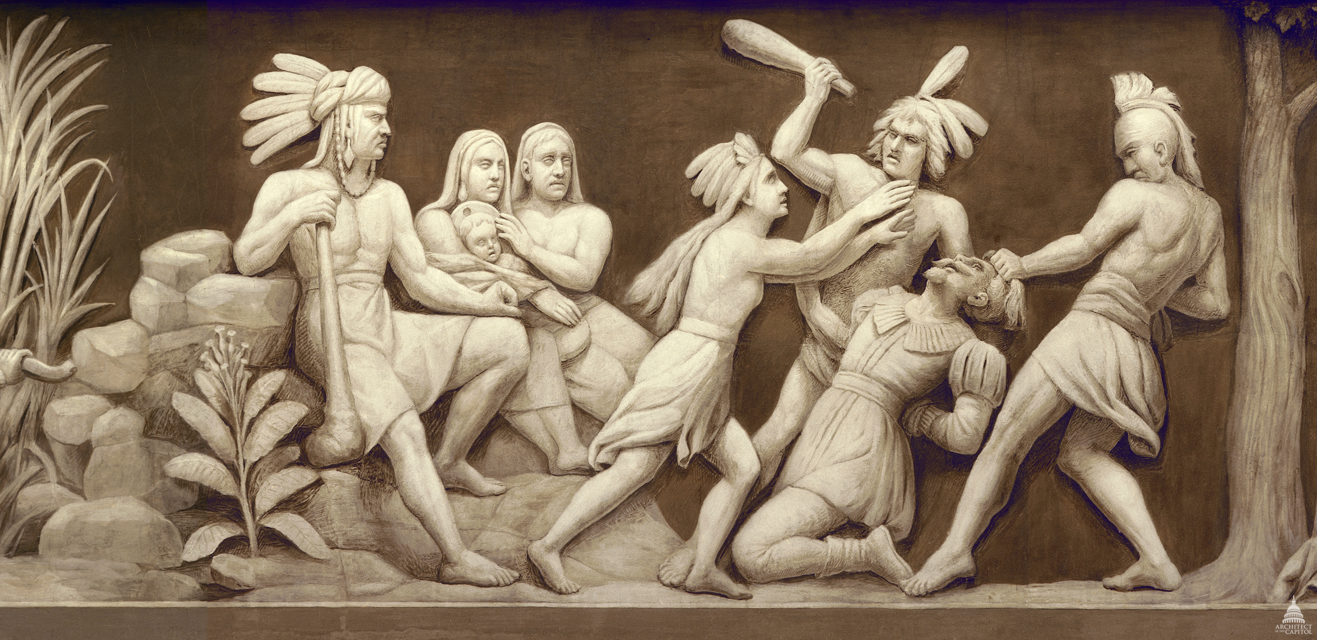 In this scene from the Frieze of American History, Pocahontas saves Captain John Smith, one of the founders of Jamestown, Virginia, from being clubbed to death