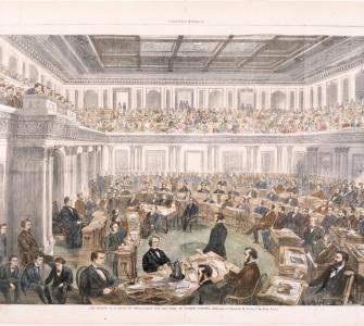 “The Senate as a Court of Impeachment for the Trial of Andrew Johnson,” wood engraving by Theodore R. Davis, Harper’s Weekly, April 11, 1868
