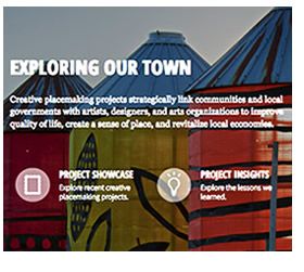 Image of three large painted silos with an overlay of the words EXPLORING OUR TOWN and navigation links to Project Showcase and Project Insights