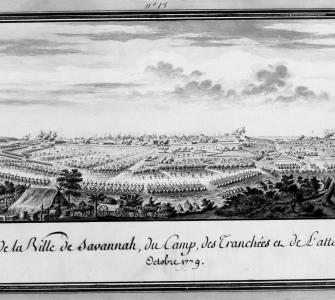 Vue de la ville de Savannah, du camp, des tranchées et de l'attaque Octobre 1779, wash drawing by Pierre Ozanne, 1779 