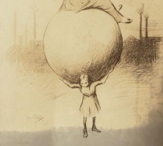 Girl carrying a globe with a fat businessman sitting on top (detail), drawing, ca. 1912