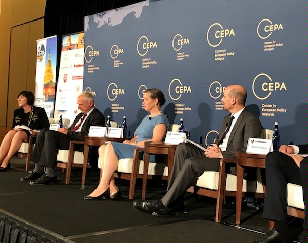 DAS Sandra Oudkirk speaking at the 2018 Center for European Policy Analysis (CEPA) Forum. She explained the U.S.'s strong opposition to Nord Stream 2 because of its detrimental impact on European security and its tragic impact on Ukraine.