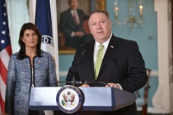 Date: 06/19/2018 Description: U.S. Secretary of State Mike Pompeo and U.S. Permanent Representative to the United Nations Nikki Haley deliver remarks to the press on the UN Human Rights Council, at the U.S. Department of State in Washington, DC, on June 19, 2018. - State Dept Image