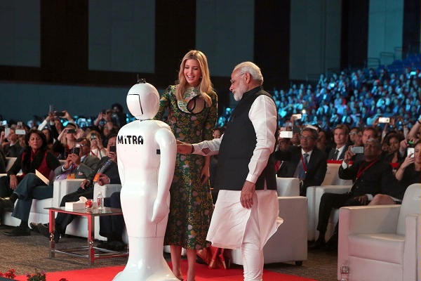 Ivanka Trump, U.S. Advisor to the President, and Indian Prime Minister Narendra Modi launch the Global Entrepreneurship Summit 2017 with MiTRA robot.