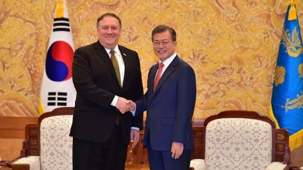 Secretary of State Michael R. Pompeo meets with Republic of Korea President Moon Jae-in in Seoul, Republic of Korea on October 7, 2018.