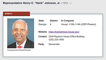 Congressman Hank Johnson's card showing his picture with information about the district number