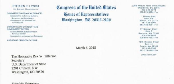 Rep. Lynch Urges Secretary Tillerson to Protect U.S. Against Foreign Interference in Elections feature image