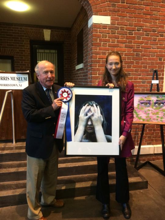 Frelinghuysen congratulates the winner of his Congressional Art Competition, Barbara Benda of Nutley for her piece "Don't Look"
