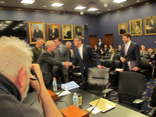 Rep. Frelinghuysen greets Secretary of Defense Ashton Carter before hearing on Administration's FY17 budget request