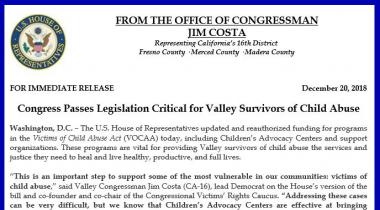 Congress Passes Legislation Critical for Valley Survivors of Child Abuse