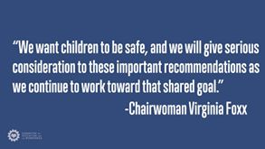 Image may contain: text that says '"We want children to be safe, and we will give serious consideration to these important recommendations as we continue to work toward that shared goal." -Chairwoman Virginia Foxx COMMITTEEO EWORKFORCE'