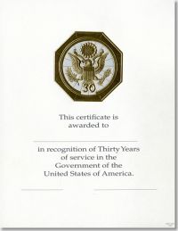 OPM Federal Career Service Award Certificates WPS 106-A Thirty Year Gold 8 1/2 X 11 (Package of 25)