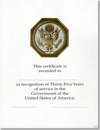 OPM Federal Career Service Award Certificate WPS 107-A Thirty-Five Year Gold 8 1/2 X 11