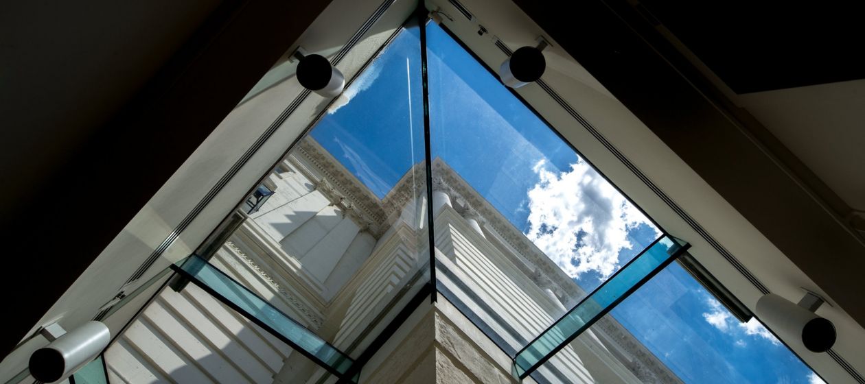 A skylight allows natural light to fill the hallway once occupied by a courtyard at the U.S. Capitol.