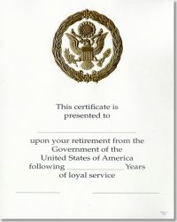 OPM Federal Career Service Award Certificate WPS 111 Retirement Gold 8x10