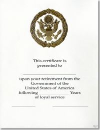 OPM Federal Career Service Award Certificate WPS 111-A Retirement Gold 8 1/2 X 11
