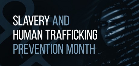Serious woman with text "Slavery and Human Trafficking Prevention Month"