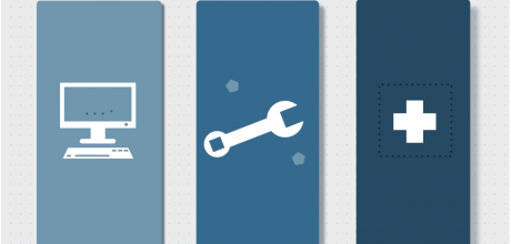 Icons of a computer, a wrench , and a healthcare cross