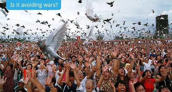Is it avoiding wars? (Tens of thousands of doves with a message of peace and unity are released by Catholic devotees during a prayer rally Sunday, March 7, 1999 at Manila's Rizal Park to urge the government and communist rebels to resume the peace talks and prevent new fightings. (AP Photo/Bullit Marquez))