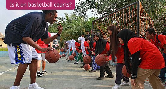 Is it on basketball courts? (U.S. Embassy Jakarta has brought NBA star Sam Perkins and WBNA star Sue Wicks to Indonesia as part of the U.S. Department of State's sports envoy program.)