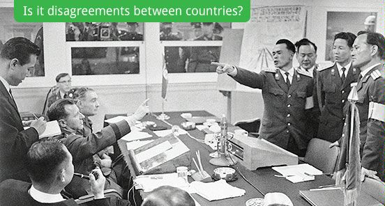 Is it disagreements between countries? (An armistice commission meeting between the United Nations command and communist North Korea broke up when the communist delegation resorted to an unusual walkout in Seoul on Friday, April 15, 1967. (AP Photo))