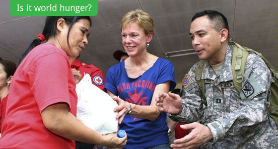 Is it world hunger? (In conjunction with the American Red Cross, U.S. Ambassador to the Philippines Kristie Kenney, center, delivers relief aid for fire victims inside a local elementary school, in suburban Manila, Philippines, Wednesday, Sept. 30, 2009. (AP Photo/Mike Alquinto))