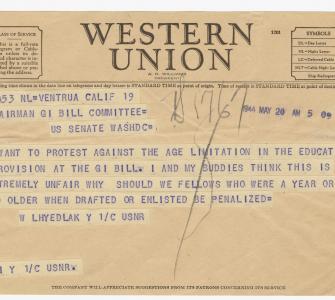 Telegram to the Chairman, G.I. Bill Committee, May 20, 1944