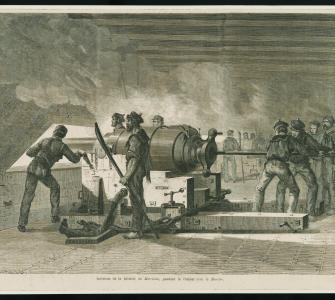 Wood engraving, interior of the Merrimac during combat with the Monitor, Le Monde Illustré, ca. 1862–1865