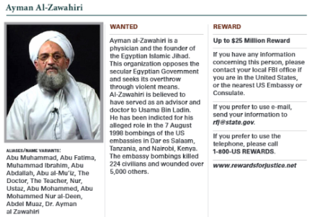 Image: Extract from the “wanted” page of Ayman al-Zawahiri, Al-Qaida leader and founder of Egyptian Islamic Jihad. Source: NCTC 2015 Counterterrorism Calendar