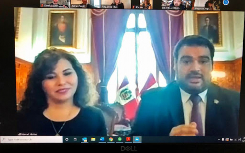 Originally scheduled as an in-person CODEL occurring in April 2020, HDP instead held a virtual CODEL meeting on May 18, 2020, with senior leadership from Peru’s Congress.  In this photo, Second Vice President, Honorable Guillermo Aliaga, and Third Vice Pr