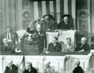 Winston Churchill earned the distinction of being the only foreign leader to address Congress three times. In this 1943 Joint Session, network microphones surround the podium.
