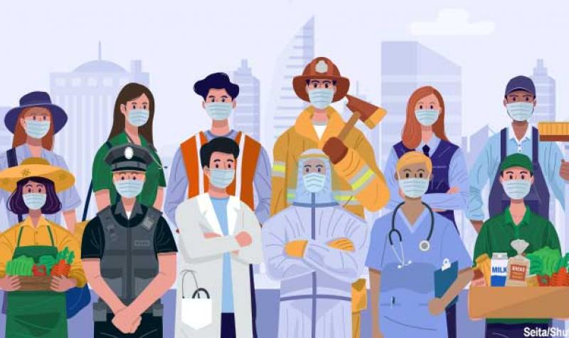 Drawing of various workers including firefighter, doctor, nurse, painter, farmer, EMT, and more.