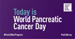 Image may contain: text that says 'PANCREATIC CANCER ACTION NETWORK Today is World Pancreatic Cancer Day #PanCANforProgress PanCAN.org'