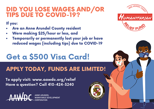 Image may contain: one or more people, text that says 'DID YOU LOSE WAGES AND /OR TIPS DUE TO COVID-19 ANNE ARUNDEL COUNY HUMANITAKIAN RELIEF FUND If you: Are an Anne Arundel County resident Were making $25/hour or less, and Temporarily or permanently lost your job or have reduced wages (including tips) due to COVID-19 Get α $500 Visa Card! APPLY TODAY, FUNDS ARE LIMITED! To apply visit: www.aawdc.org/relief Have α question? Call 410-424-3240 AIELRUNDE COUNT AAWDC ANNE ARUNDEL WORKFORCE DEVELOPMENT CORPORATION COUNTY'