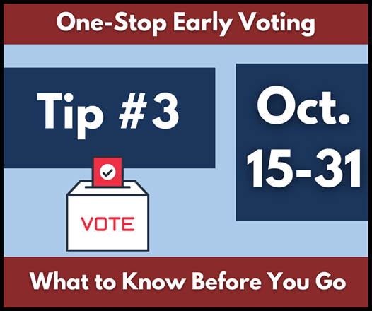 Image may contain: text that says 'One-Stop Stop Early Voting Tip Tip#3 #3 Oct. 15-31 VOTE What to Know Before You Go'