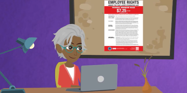 Image: Screen grab of a video showing an office worker in front of a workplace rights poster
