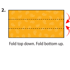The square bandana is shown lying flat. The bandana is then folded in half, bringing the top edge of the bandana to meet the bottom edge of the bandana.