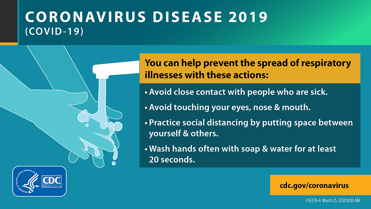 Infographic: You can help prevent the spread of respiratory illness with these actions: Avoid close contact with people who are sick. Avoid touching your eyes, nose, and mouth. Wash hands often with soap and water for at least 20 seconds.