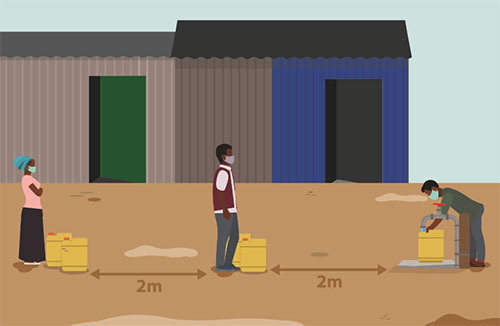 Illustration of people waiting in line to fill canisters with water, separated by 2 meters per person