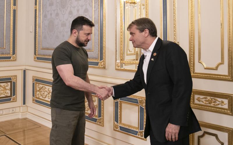Rep. Mike Quigley in a suit shakes hands with Ukrainian President Volodymyr Zelenskyy, who wears green army pants and a dark green t-shirt. They are standing in an ornately decorated state room.