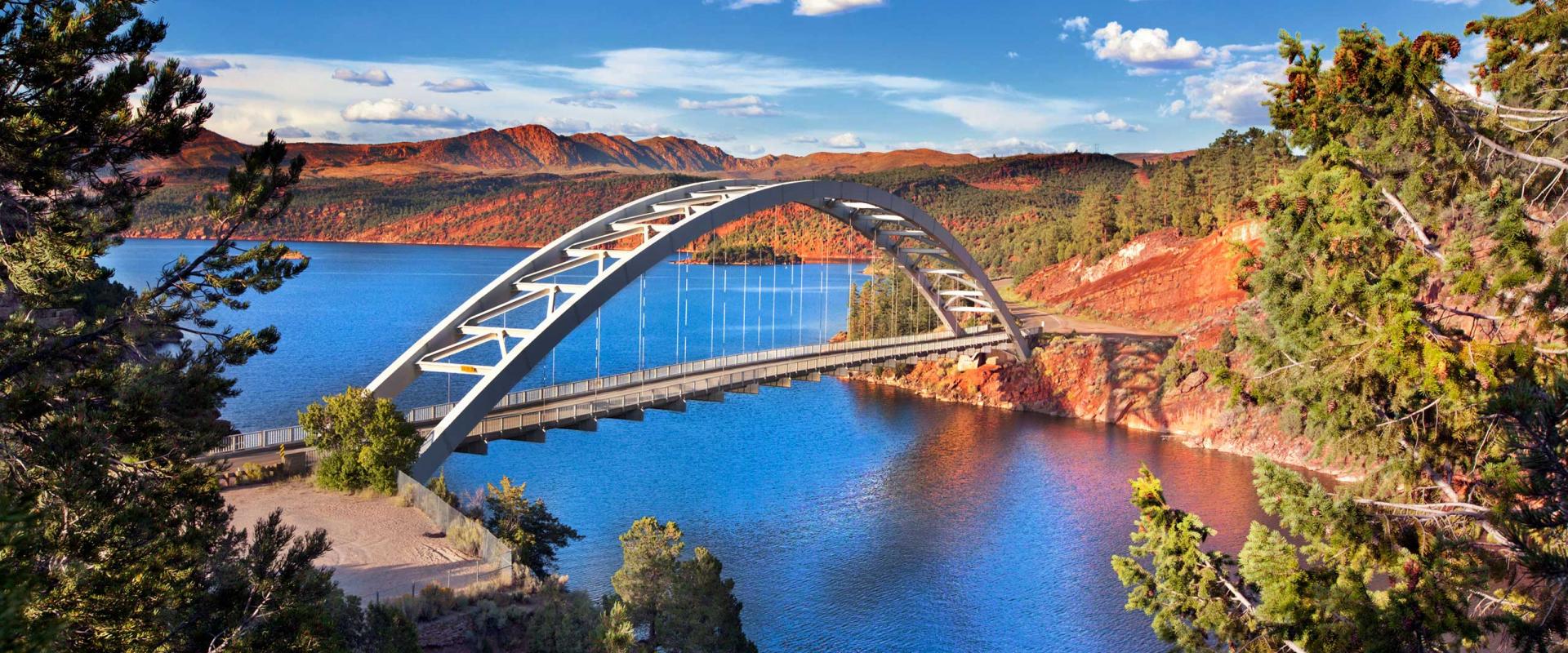 Cart Creek Bridge at Flaming Gorge National Recreation Area and the Flaming Gorge Reservoir within the Ashley National Forest.