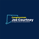 Rep. Joe Courtney white text on blue background with outline of the district