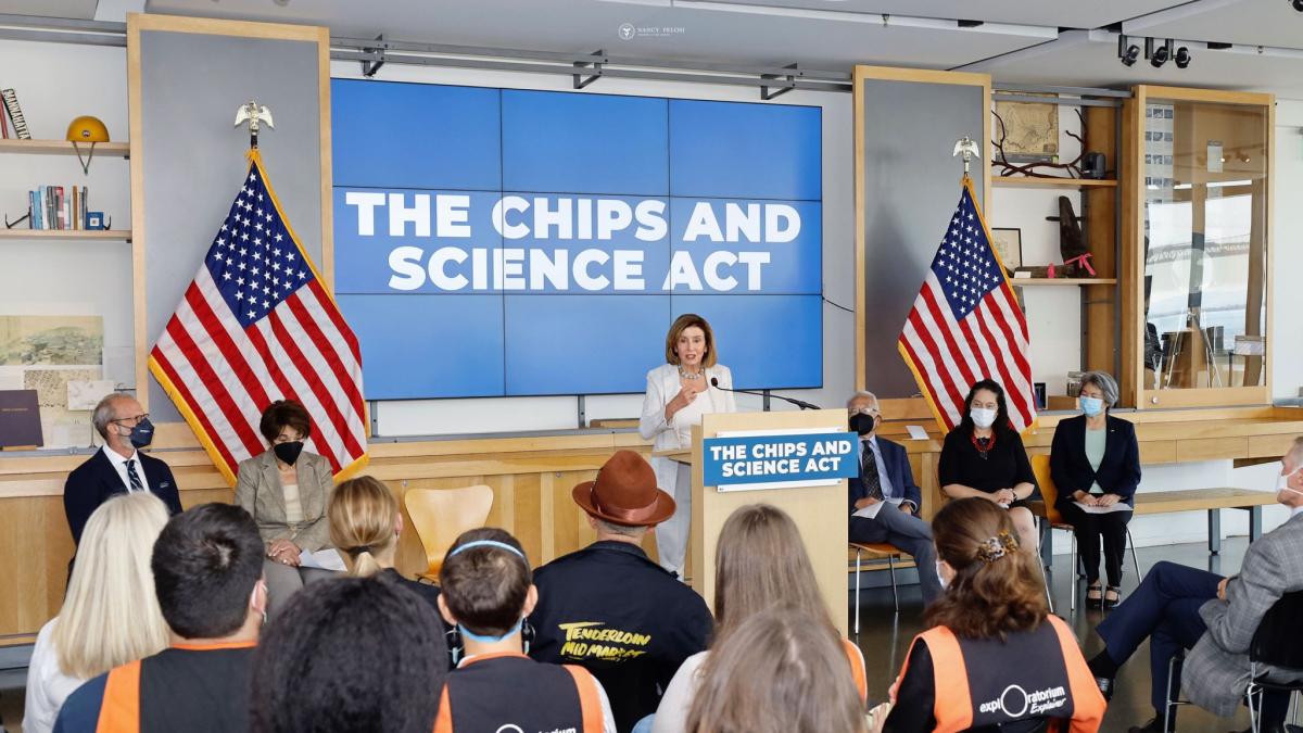 Congresswoman Nancy Pelosi celebrates the passage of the CHIPS and Science Act