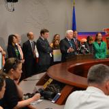 Rep. Larson speaks at a press conference on ending gun violence