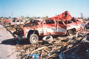 Wrecked truck with engine ripped out by tornado. 