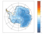 This image shows how temperatures (in degrees Celsius) respond in the Antarctic to a positive shift in the Southern Annular Mode (or Antarctic Oscillation) of approximately the same size as has taken place over the past three decades.